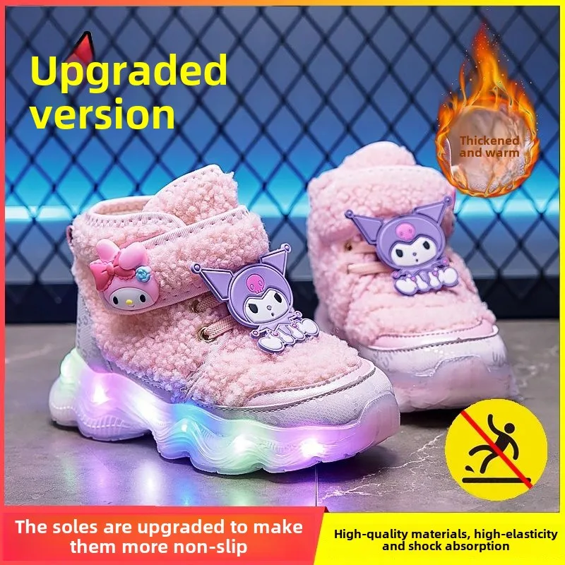 Sanrio Kuromi cute winter comfortable, soft and non-slip cartoon plus velvet luminous cotton boots for girls and older children.