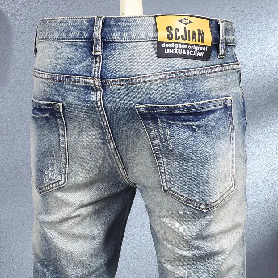 

Fashion Designer Men Jeans High Quality Retro Light Blue Stretch Slim Fit Ripped Jeans Men Y2K Vintage Casual Denim Pants Hombre