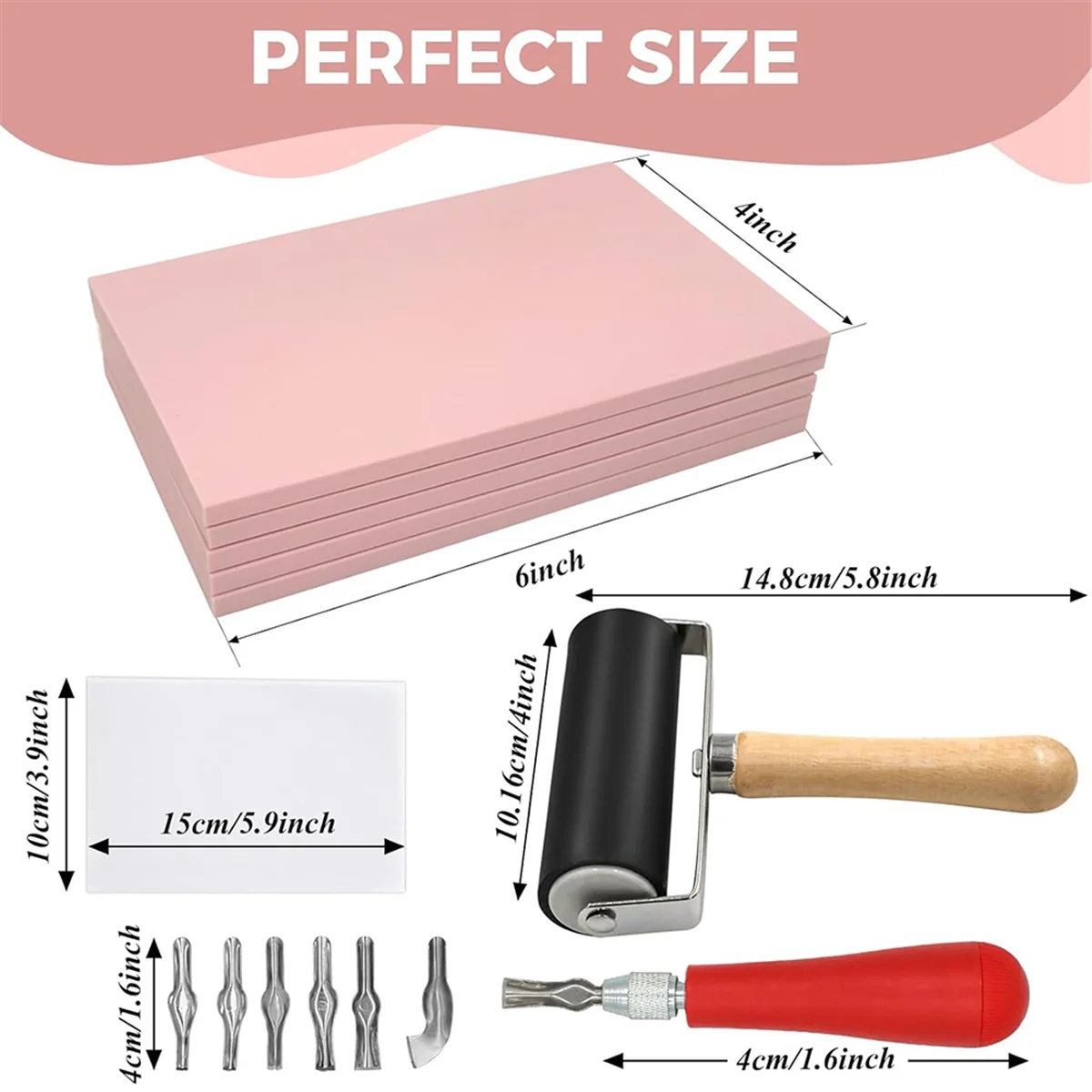 ABJZ 5 حزمة 4x6 كتل نحت الطوابع المطاطية الوردية شاحبة كتلة Linoleum مع قاطع Linoleum وبكرة براير المطاطية