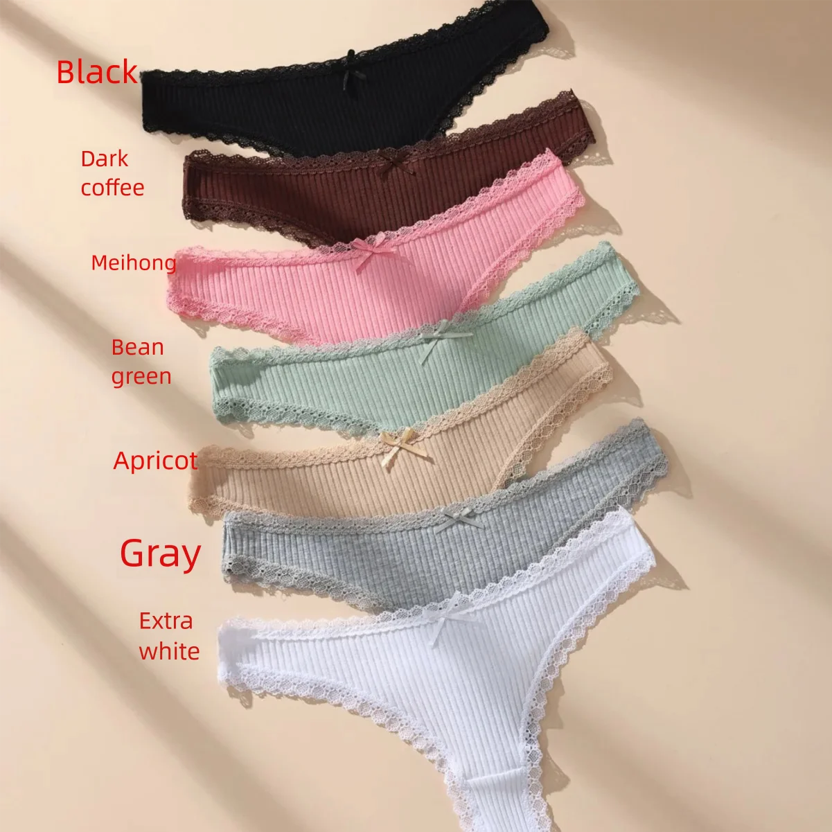 7-Pack Women's Cotton Lace Thongs – Sexy Bowknot & Lace Trim, Solid Color, Ladies Panties, Sizes S–3XL