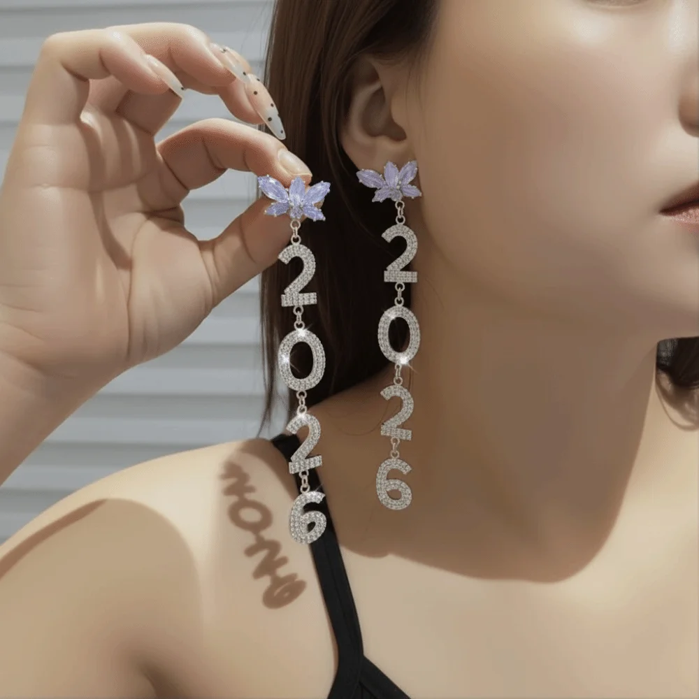 خمر الجمالية 2026 وأقراط كريستال مجوهرات قطرة طويلة السنة الجديدة أقراط 2026 قلادة لامعة حجر الراين أقراط الطرف #2