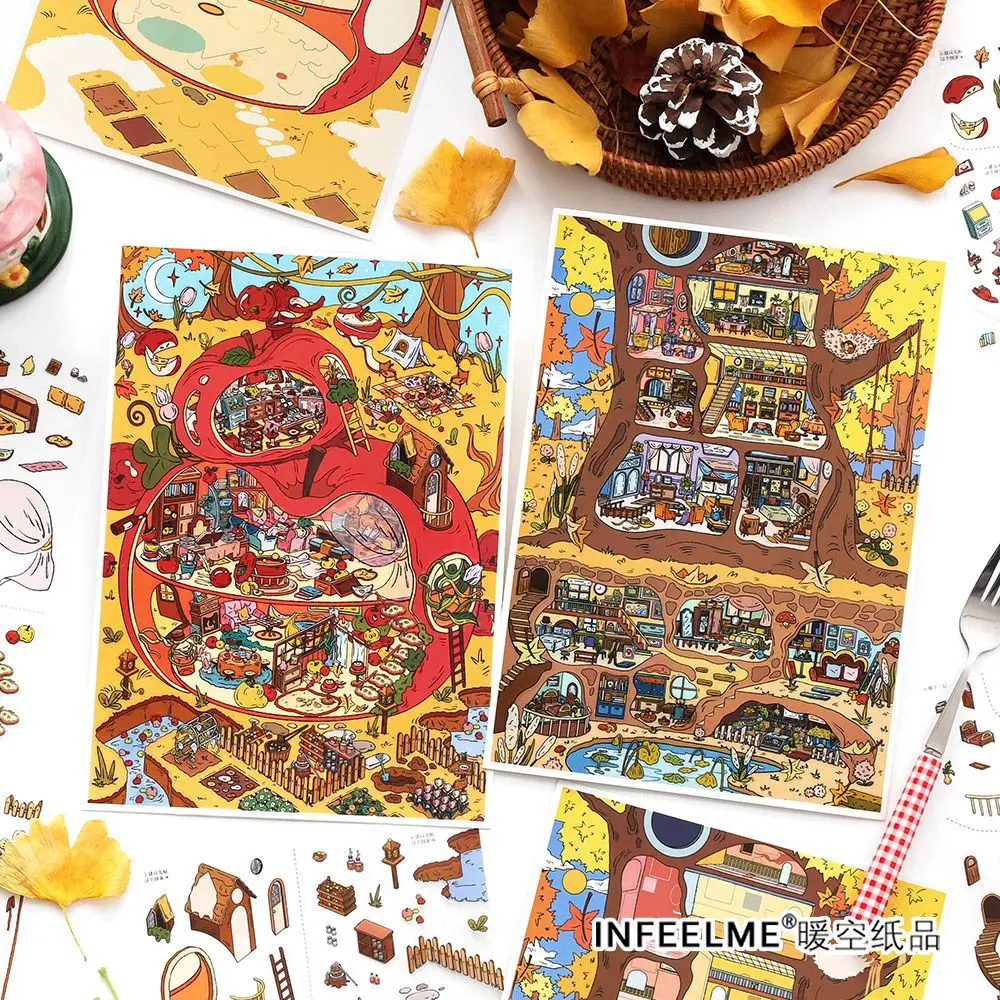 

Card Lover 4 Pcs [Star Apple Series] 3D Landscape Stickers Waterproof Tree House Apple Building Journal Scrapbook Decorative