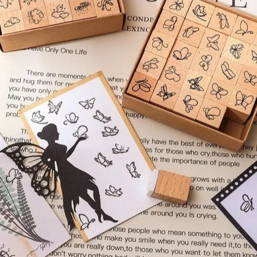25pcs Butterfly Flower Themed Stamps Set Cute Expressions Weather Wood Rubber Stamp DIY Craft Cartoon Mini Wooden Stamps