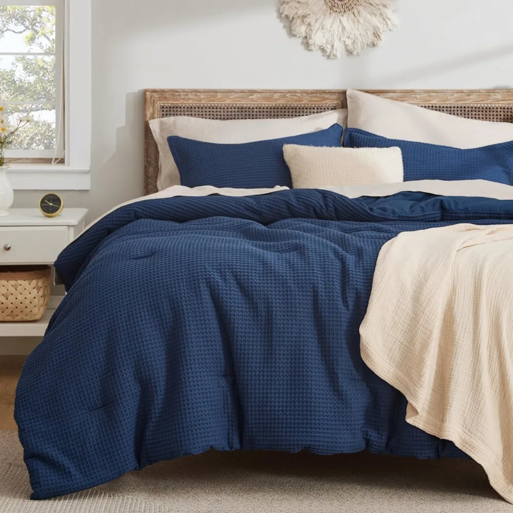 

King Size Navy Waffle Weave Cotton Comforter Set with 2 Pillow Shams