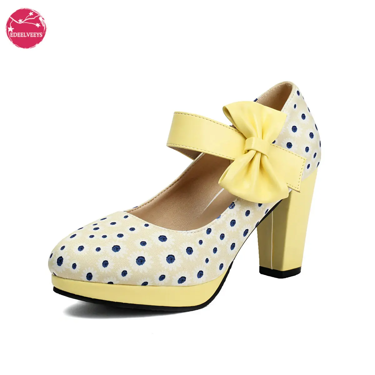 

Women's Retro Mary Jane Pumps with Bow & Polka Dots - Vintage Block High Heel Dress Shoes for Wedding, Party, Office, Daily Wear