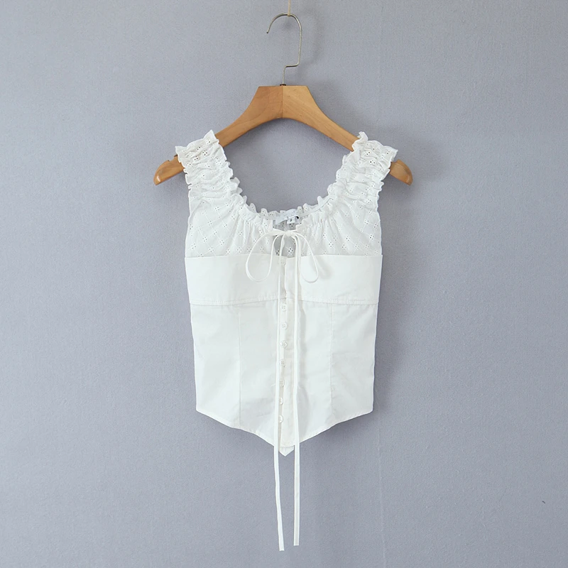 Dave&Di Minimalist White Sleeveless Shirt French Elegant Country Style Lace Cotton Shirt Top Summer Blouse Women Tops