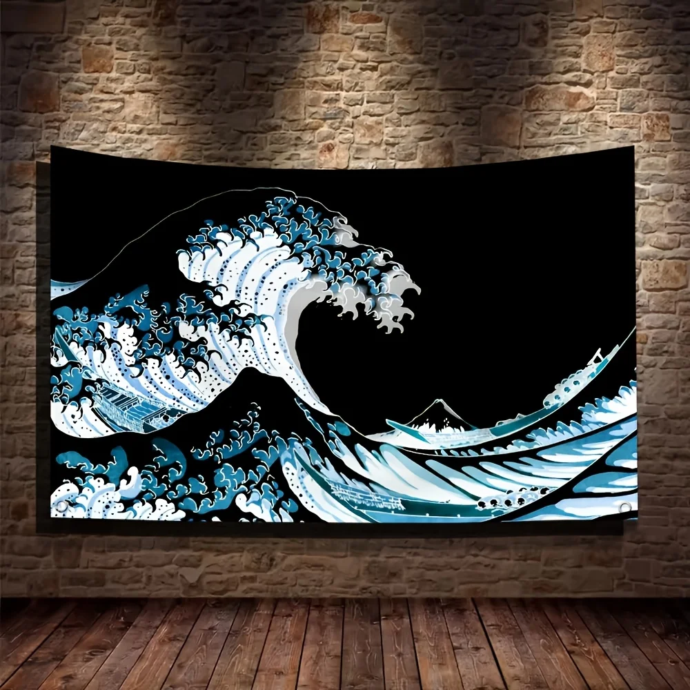 Japanese Wave Tapestry Wall Hanging Ocean Art Flag Banner Ukiyo-e Style Hokusai Anime Decor for Room 60x90cm