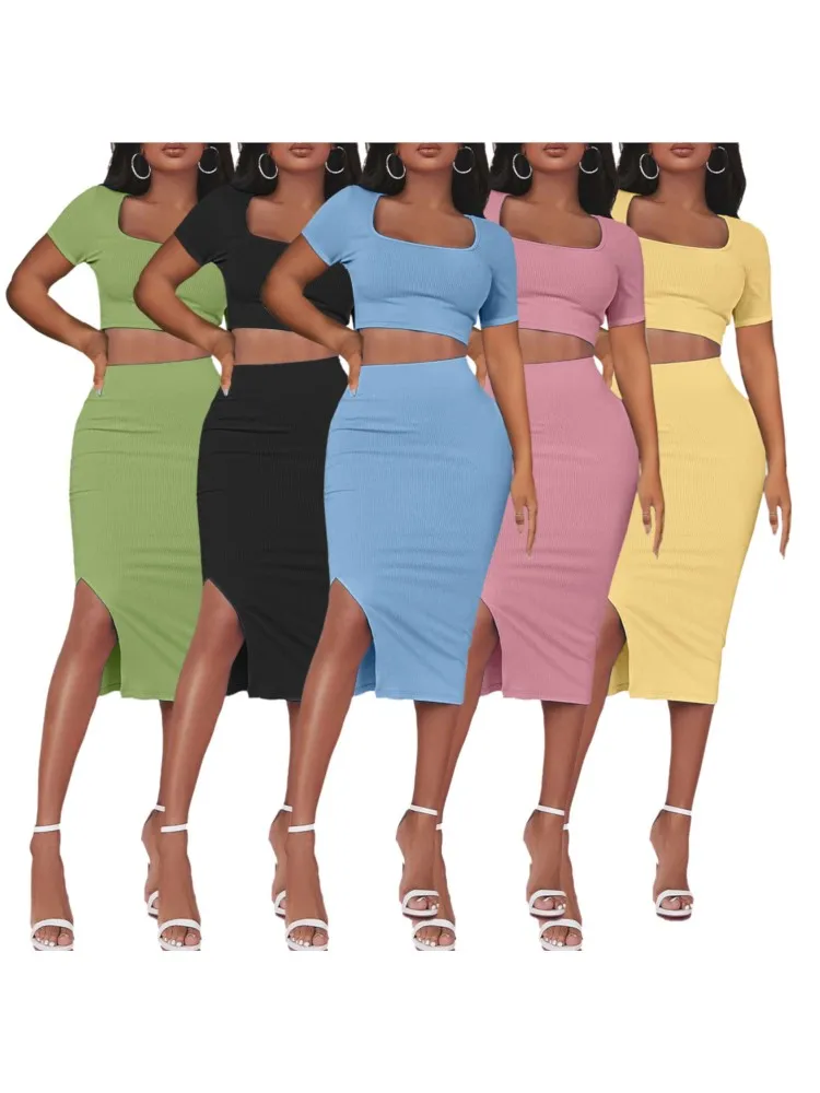 

Slim Skirts Two Piece Sets Women Solid Color Short Sleeves Cropped Tops Bodycon Slit Skirts Sets Ladies Fashion Summer New Suits