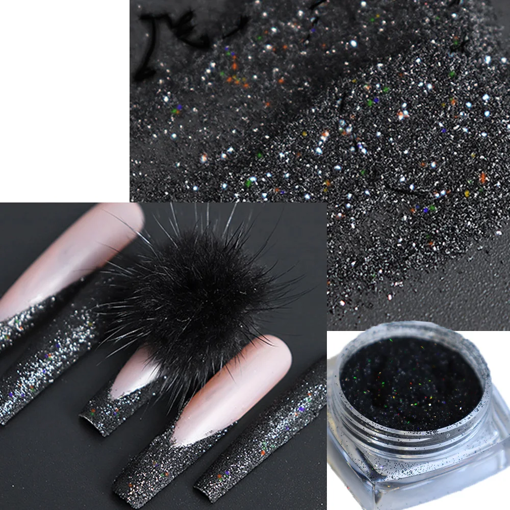 Świąteczny czarno-biały flokowany cukrowy brokat do paznokci w proszku 2g opalizujący cukier lśniący proszek drobny efekt brokatu brokatowy pigment