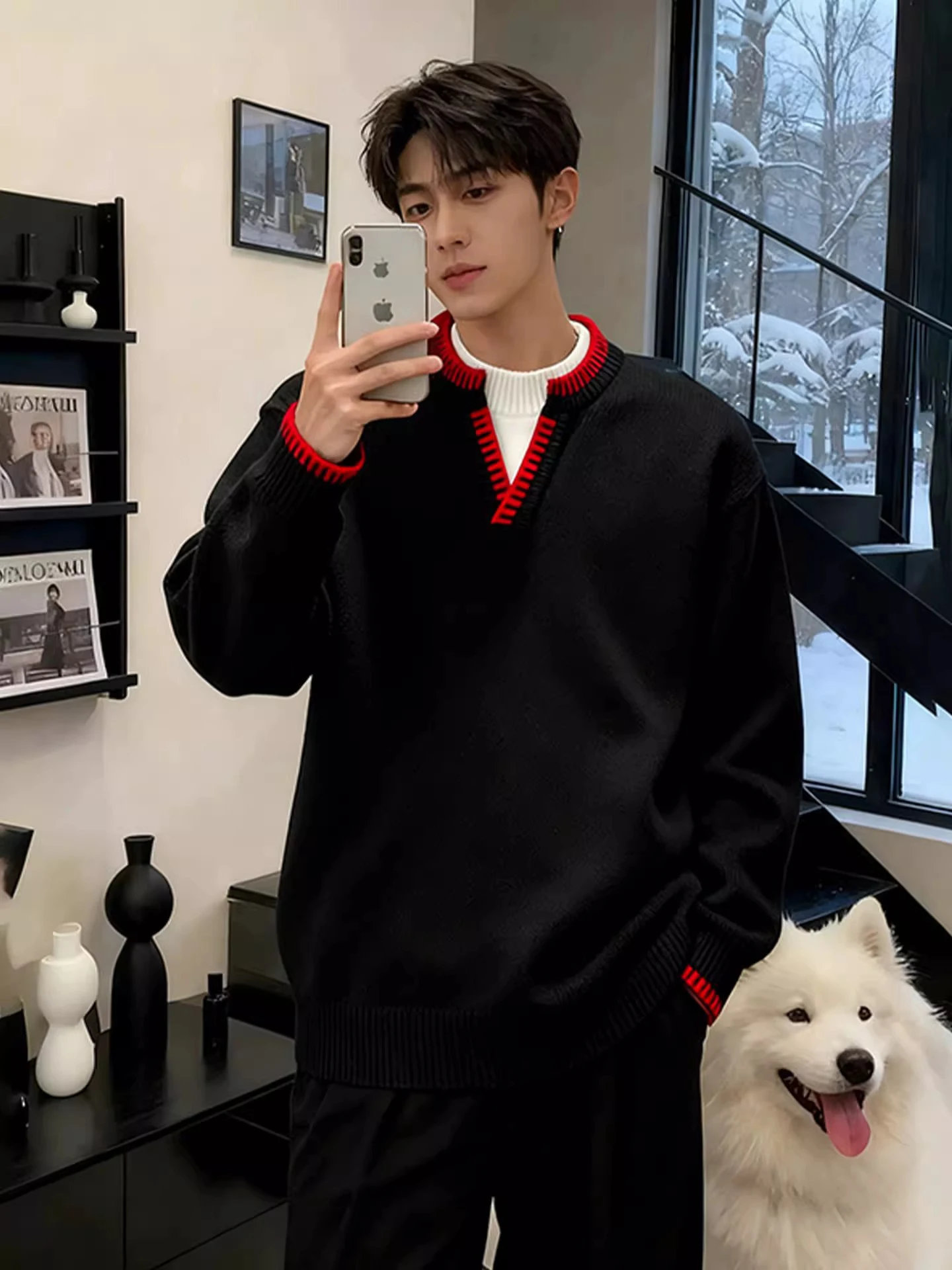 

Мужской повседневный свитер с V-образным вырезом, утепленный, вязаный, в стиле колор-блок, свободного кроя, для новогодней атмосферы