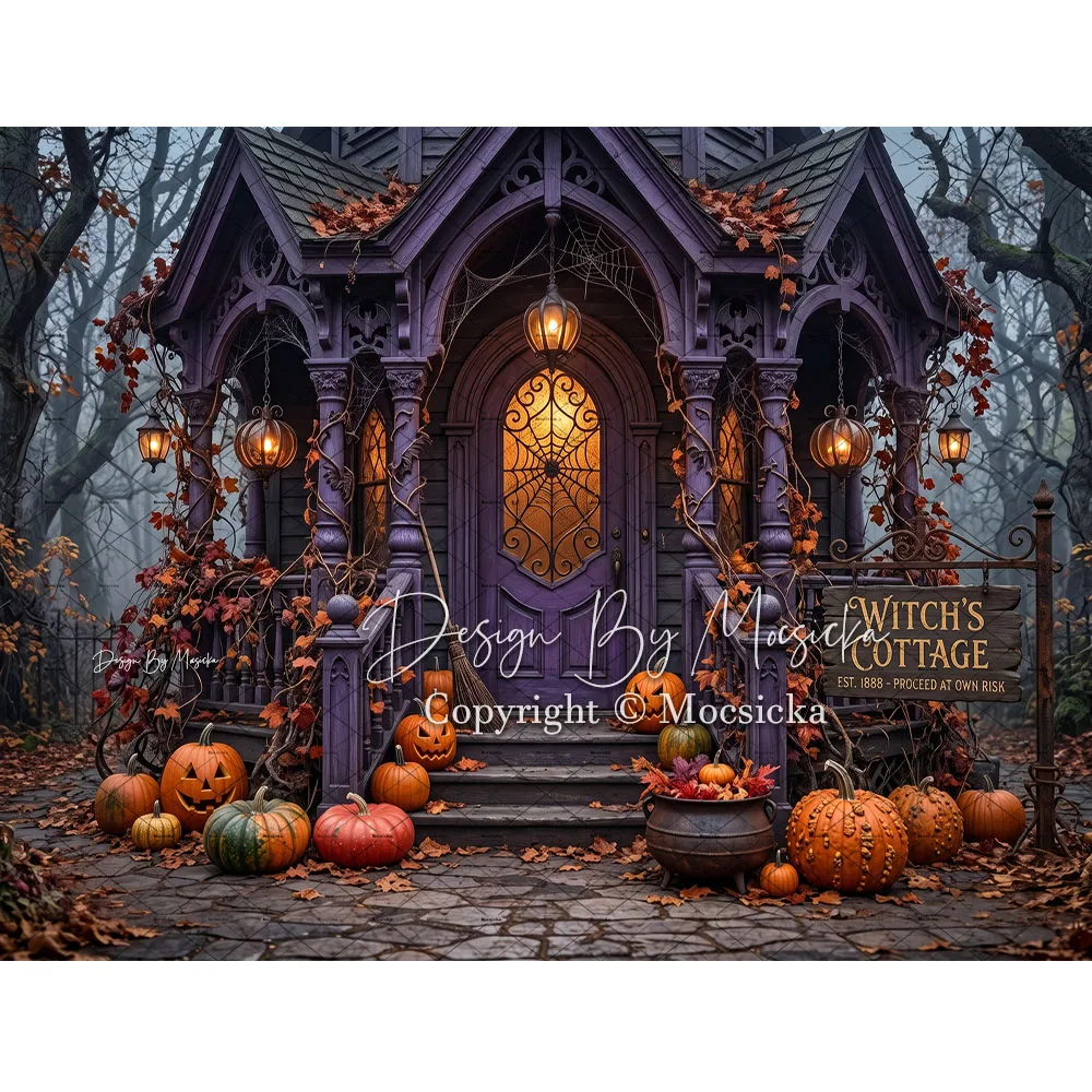 Mocsicka Halloween Witch Cottage Backdrop Photography Pumpkin Spider Web Lantern Purple Background Kid Cake Smash Studio Photo