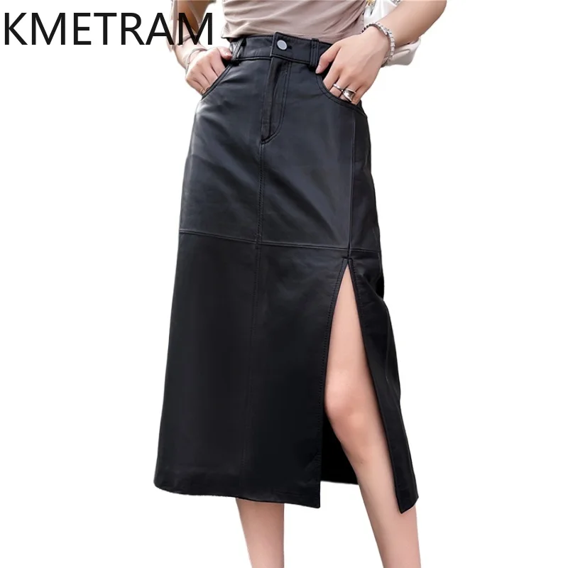 

KMETRAM Real Genuine Leather Skirts Sheepskin Woman Clothes Autumn Long Skirts for Women High Waist 2024 Jupe Longues Femme