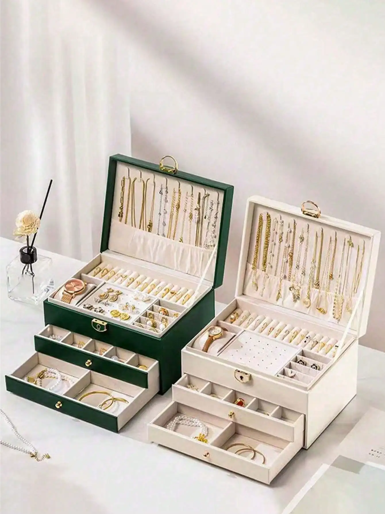 Three Layers Of Double Selection Faux Leather Jewelry Storage Box, Exquisite Necklace Earrings Golden Jewelry Hand Jewelry Box, Large Capacity Jewelry Organizing Box, Lock And Soft Lined Drawer - The Ideal Gift For Women Gift For Valentine's Day