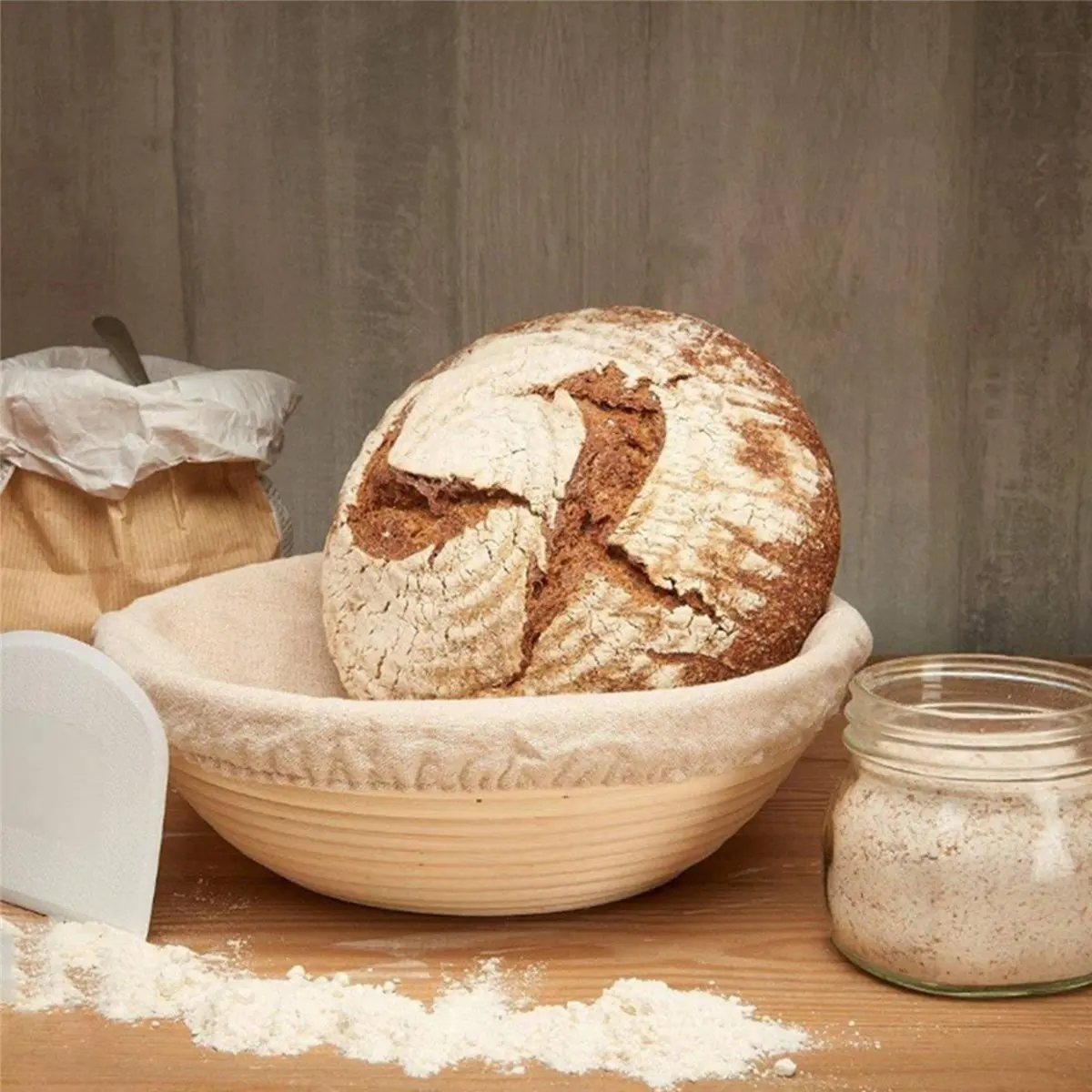 A06K 3X Round Banneton Proofing Basket Set - Brot Form Unbleached Natural Cane Bread Baking Kit with Cloth Liner