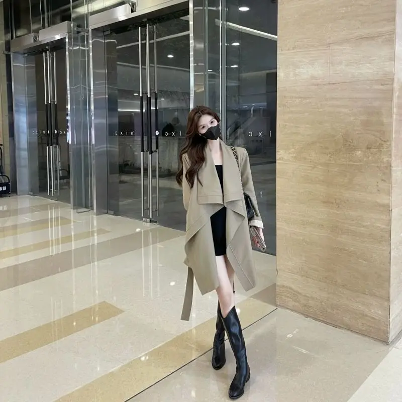 Women Clothing Autumn Korean Fashion Simplicity Drawstring Solid Color V-neck Female All-match Fashionable Pocket Cardigan Coat