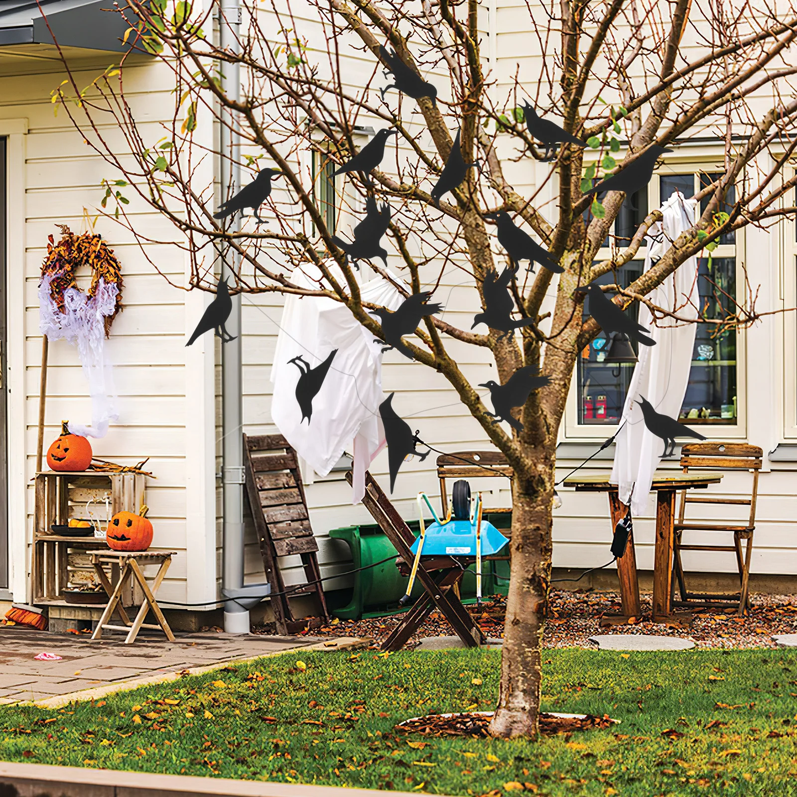 

2Sets Black Crow Garland Halloween Party Decor Unique Festive Paper Banner for Home Office Store Window Door Wall Hanging Dcor