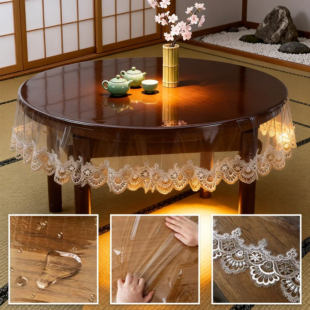 Waterproof Oil Resistant Transparent Table Protector Tablecloth Lock Edge Round PVC Cover Stain Wipeable Proof Room Decorative