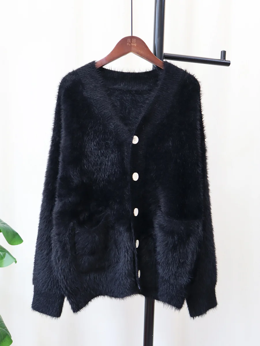 Fur Button Long Sleeve Cardigan Fluffy Top Beaded Autumn Winter 2023 Pink Knitted Sweaters Women Spring Tops Jumpers Pullovers