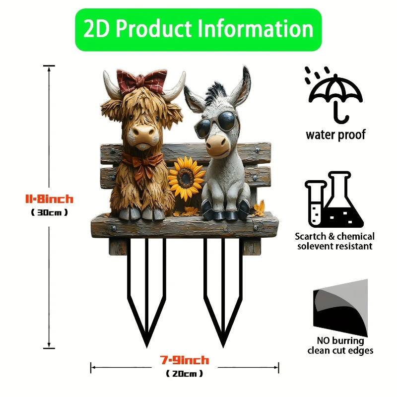 Decorative Garden Stakes, Highland Cow Donkey Garden Stakes Creative Cute Animal Garden Decorations Yard Outdoor Ornaments