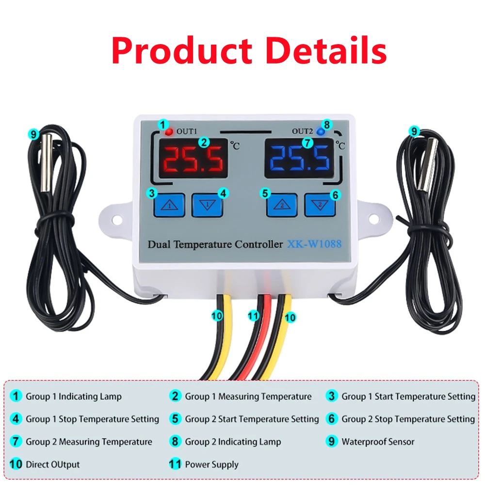 XK-W1088 Dual LED Digital Temperature Sensor Meter Controller Electric Heating Thermostat 12/24/220V  Incubator Thermoregulator