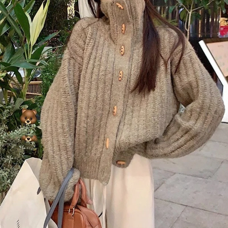 خمر تصميم القرن مشبك الياقة المدورة سترة سترة المرأة الشتاء فضفاضة سميكة محبوك أعلى #1