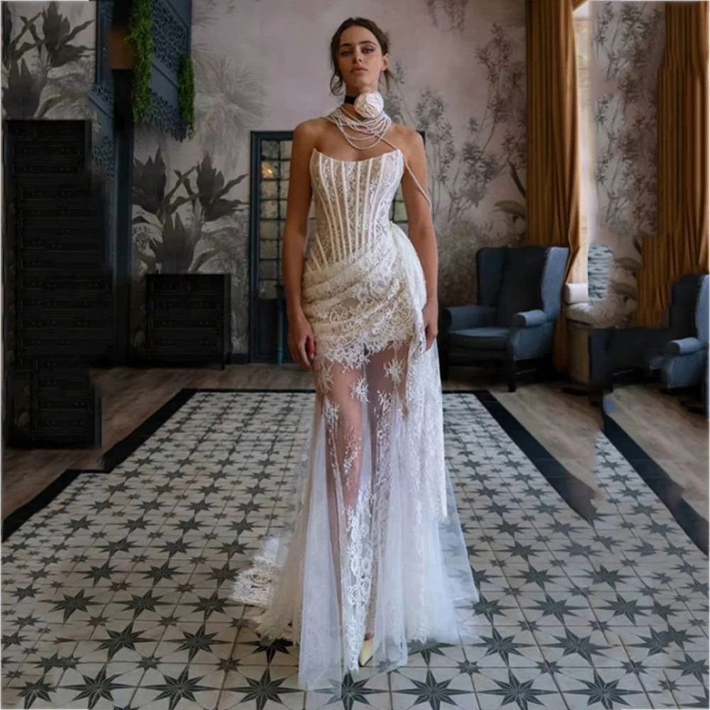 High-end European And American Sexy Lace Sheer Patchwork Waist-Cinching Off-Shoulder Dress Elegant And Graceful Gowns