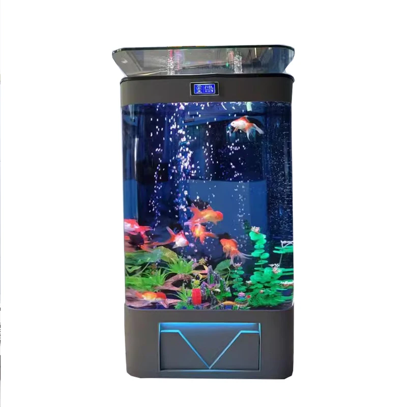 

Facing the small curved ecological fish tank, small glass home TV cabinet, next to the wall, no water change, lazy aquarium
