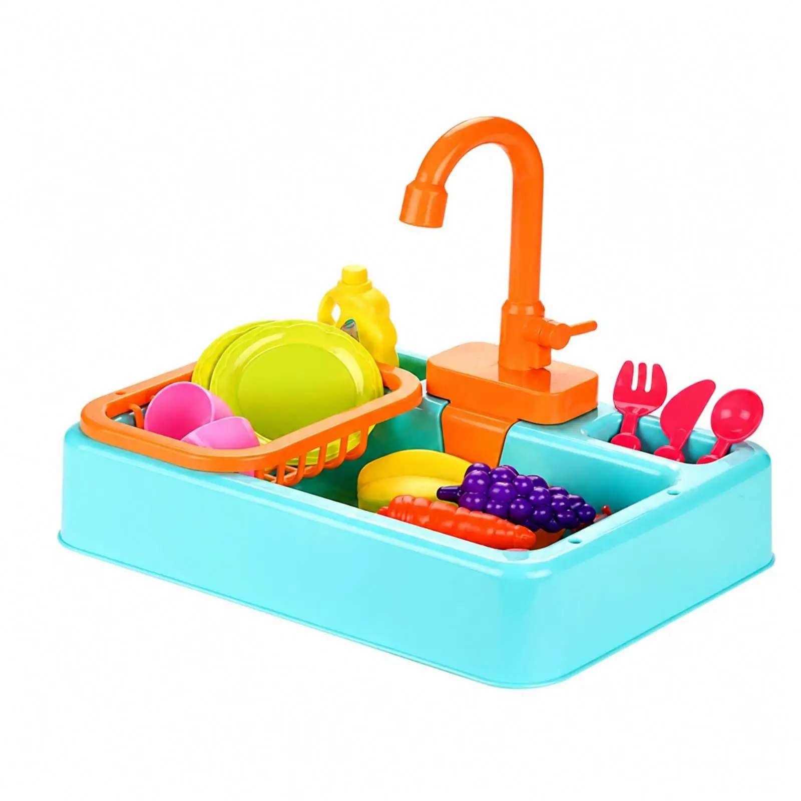 Pretend Play Children Kitchen Sink with Electric Circulating Water Toy Faucet Dish Rack Set for Kids Ages
