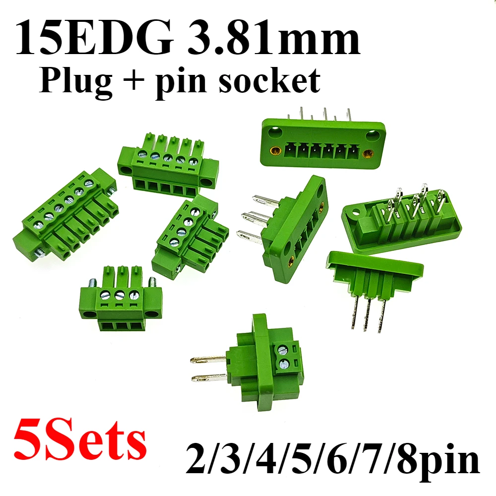 5Sets 3.81MM Pitch Through Wall Plug in Terminal Blocks 15EDG 3.81 2/3/4/5/6/7/8pin Plug + Pin Header Socket Set