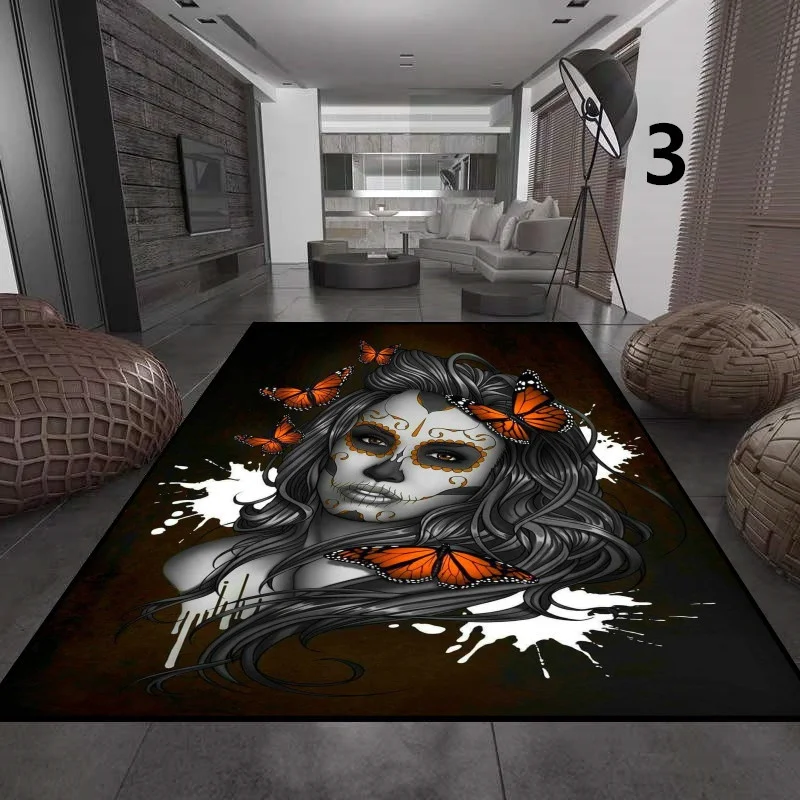 Skull Girl Carpet Living Room Large Area  Flower Black Bathroom Mat Home Decor  Entrance  Door