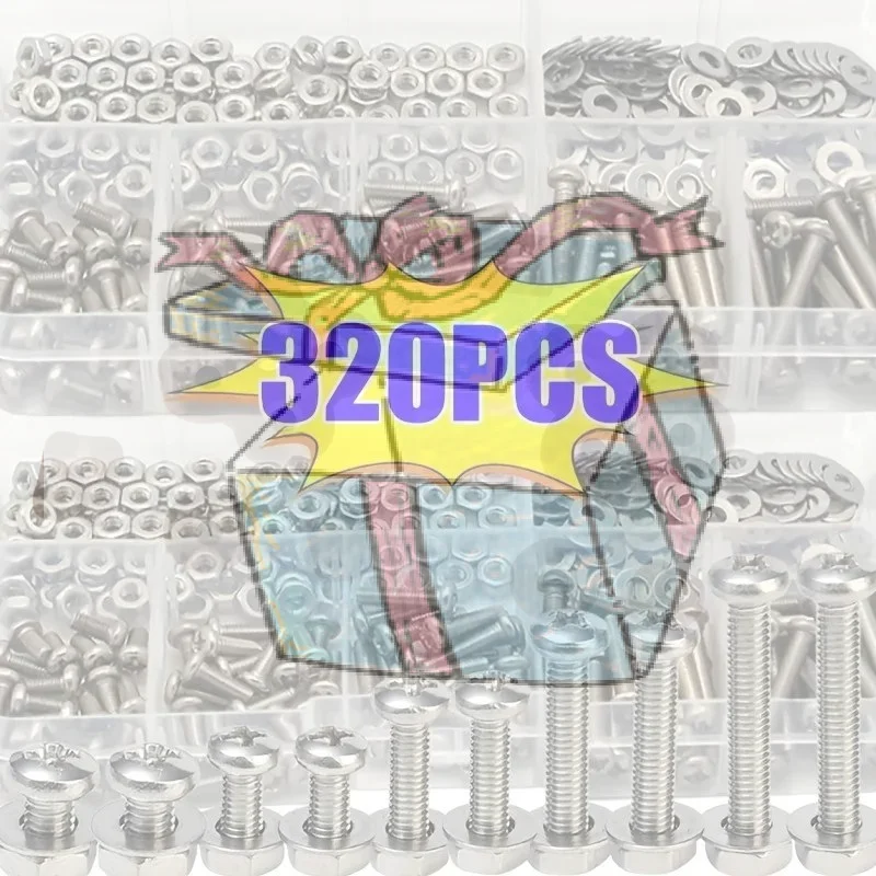 【CCA】320Pcs 304 Stainless Steel Hex Button Socket Head Cap Screw Hexagon Thread Machine Metric Nut Bolt Assortment Kit Set M2~M5