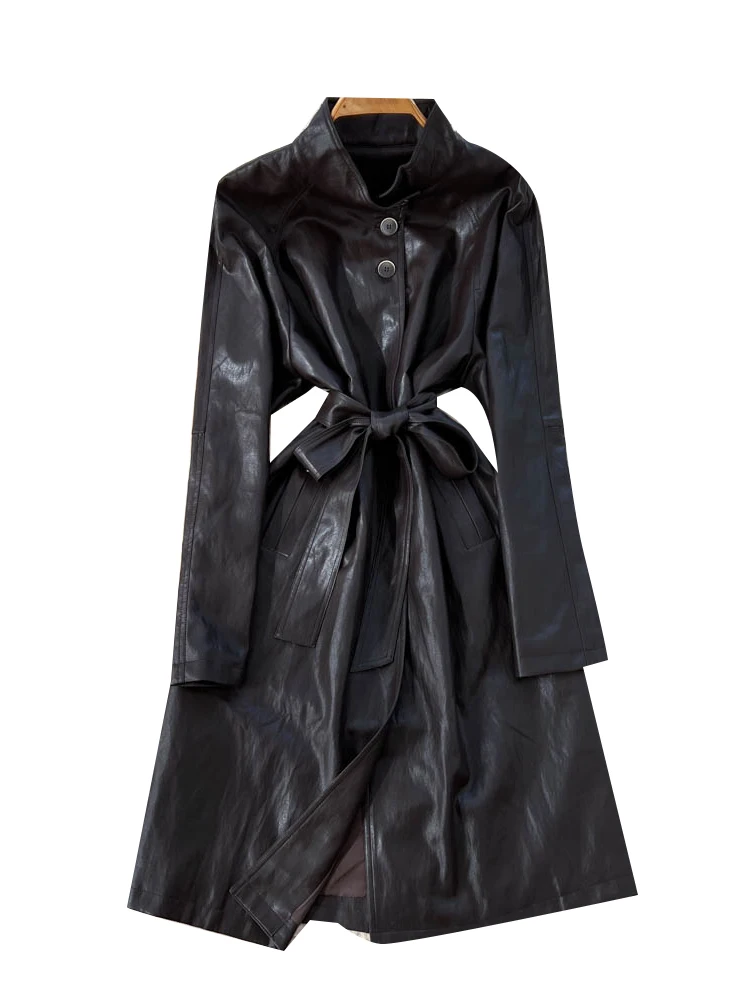 سترة واقية من جلد البولي يوريثان من Retro Briti Sle للنساء من Faion Dr مع حزام عالي الخصر وياقة واقفة وزر واحد للإغلاق