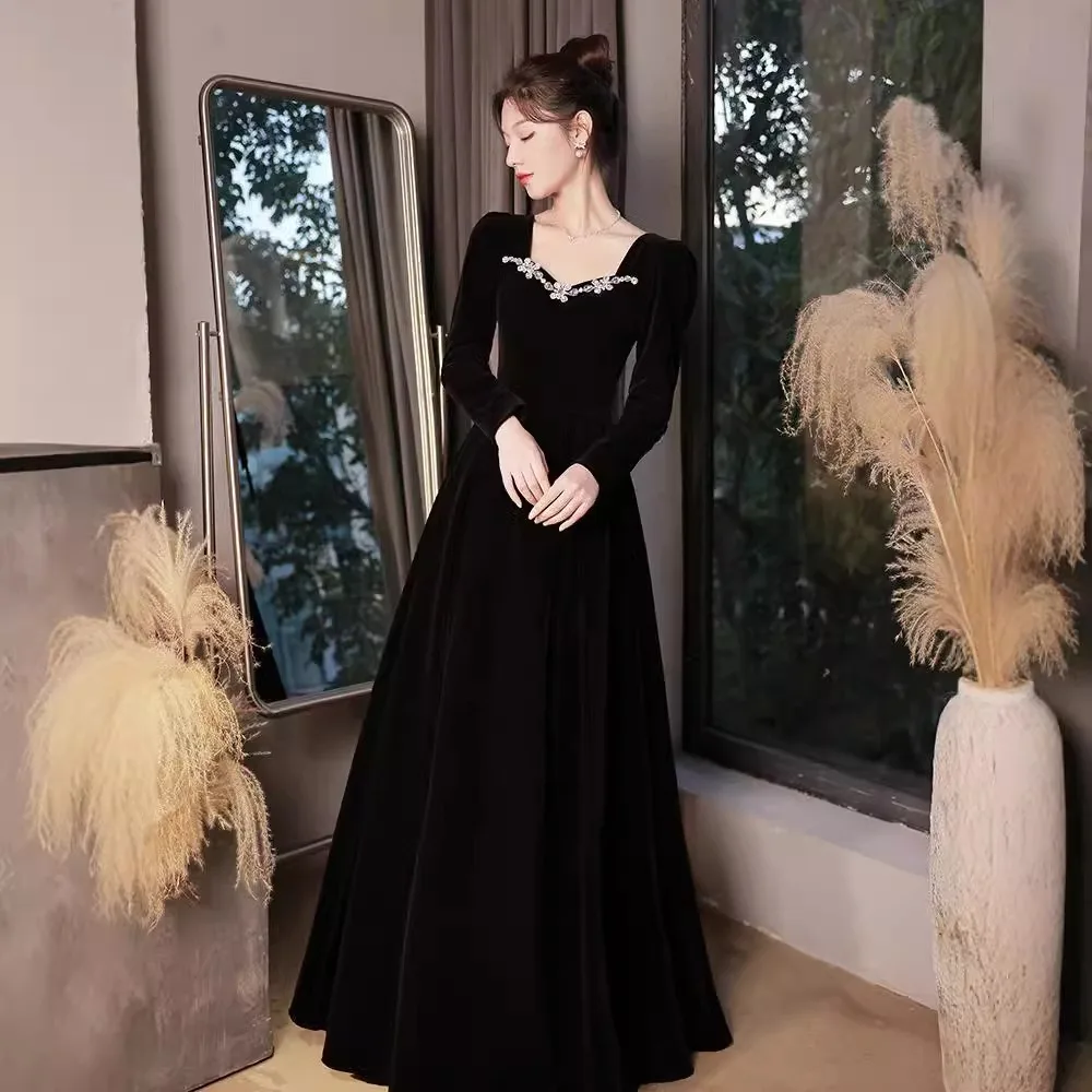 Elegant Evening Dress Velvet Long sleeves Wedding dresses A-line Party Gown Customized Korean Party Dresses Vestidos De Novia
