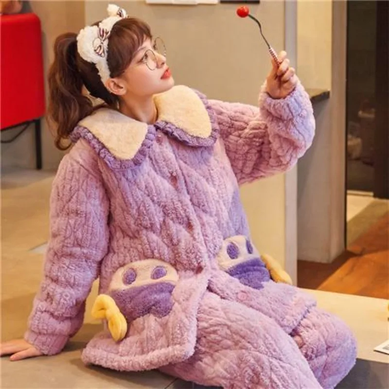 2023 New Sleepwear Women's Winter Plush and Thick Sleepwear Coral Plush Three Layer Cotton Clip Loungewear Set Flannel Homewear