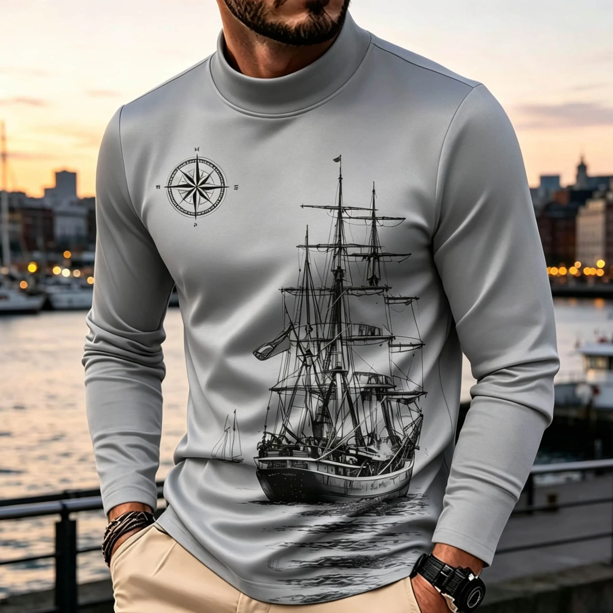 Nautical Compass Vintage Sailing Ship Print Men Long Sleeve Mock Neck Tee Casual Father's Day Gift