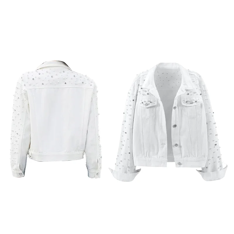 ABAH-سترة جينز لؤلؤية للنساء من قماش الدنيم بأحجار الراين المقصوصة