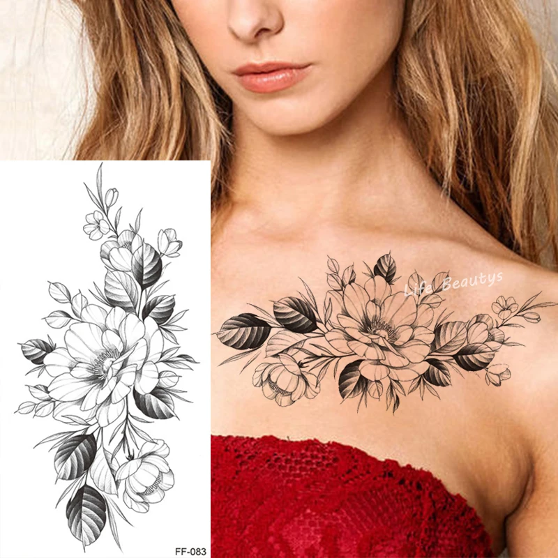 Tatuagem Temporária Impermeável para Mulheres, Black Flower Art Body, Tatuagem Cool Snake, Sexy Rose Sticker, Manga Braço Falso, Flash, Moda, 1Pc