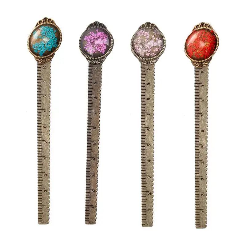 Classical Handmade Retro Dried Immortal Flowers Metal Bookmarks Multifunction Ruler Bookmarks Office Supplies Desk Accessories