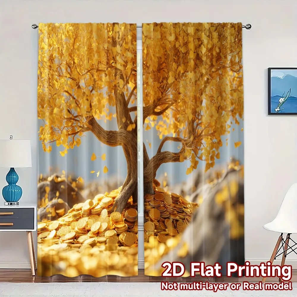 2pcs, 2D FLAT PRINTING Curtains (Without Rod) Golden Blossom Tree Popular Light Filtering Curtains Versatile Polyester Curtains
