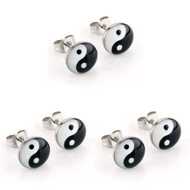 3 PAIR Round Pin Symbol Yin And Yang 10Mm Earrings