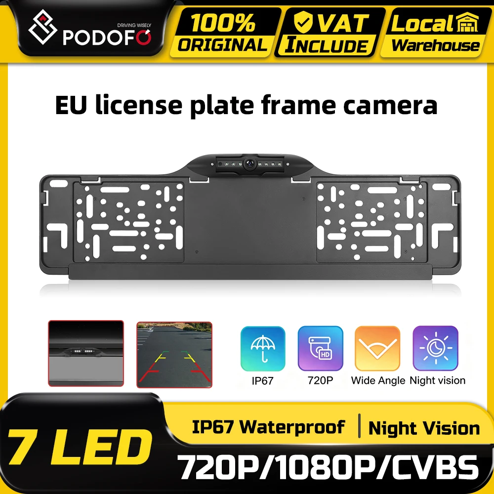 Podofo Kamera cofania do samochodu z ramką tablicy rejestracyjnej EU, wodoodporna, noktowizja, 720P lub 1080P, kamera zapasowa z kolorowym obrazem nocnym i 7 regulowanymi diodami LED