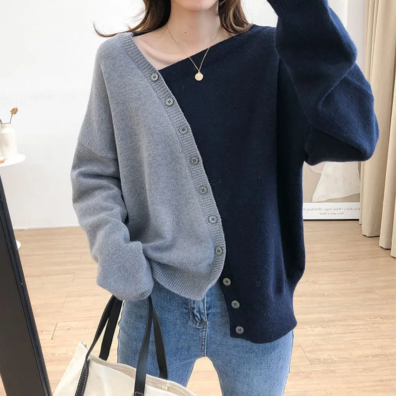 

Preppy Style Female Irregular Spliced Skew Collar Sweaters Fashion All-match Contrasting Colors Button Loose Knitted Cardigan