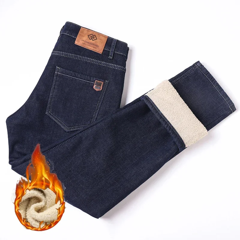 Winter Men Plush Wool Elastic Straight Denim Pants Soft Fabric Thicken High Waist Stretch Jeans Male Warm Fleece Work Trousers