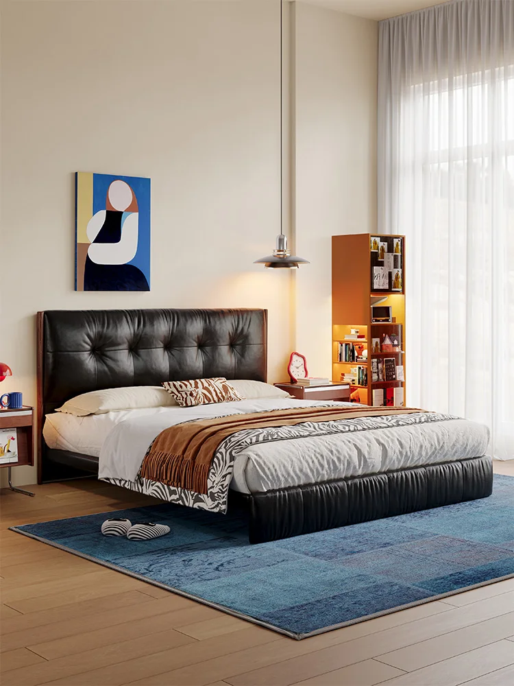 

Leather bed, French, retro, black, master bedroom 1.8 meters, first layer cowhide, modern, solid wood, soft bag