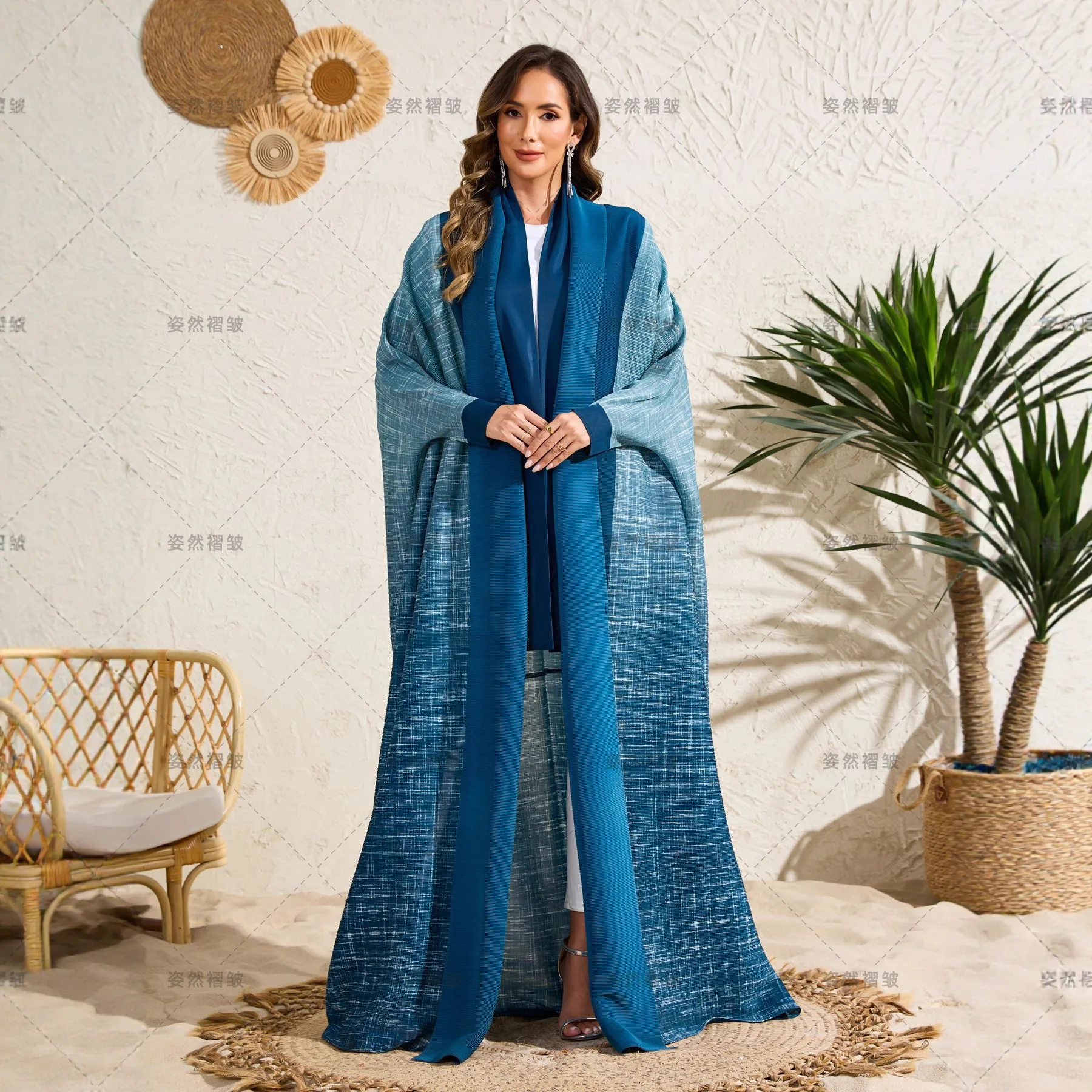 

2025 Summer New Fashion Dress Trench Coat Miyake Fold Gradual Change Color Printing Loose Cardigan Long Sleeve Jacket Women's