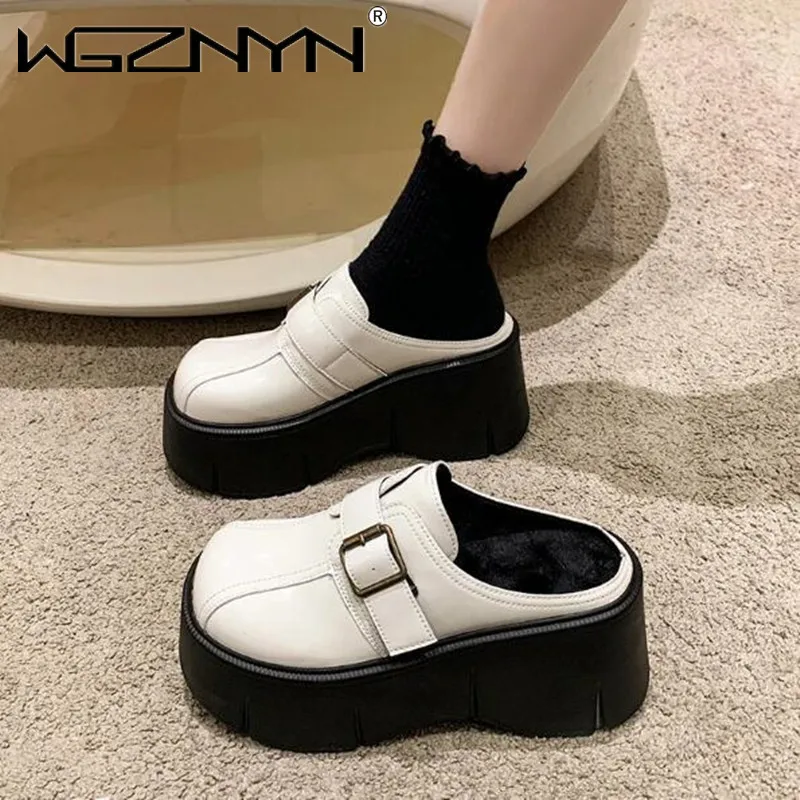 Winter Height Increasing Ladies 8cm Pu Leather Pumps Fashion Platform Wedge White Slippers New Women Slip on Casual Females Shoe