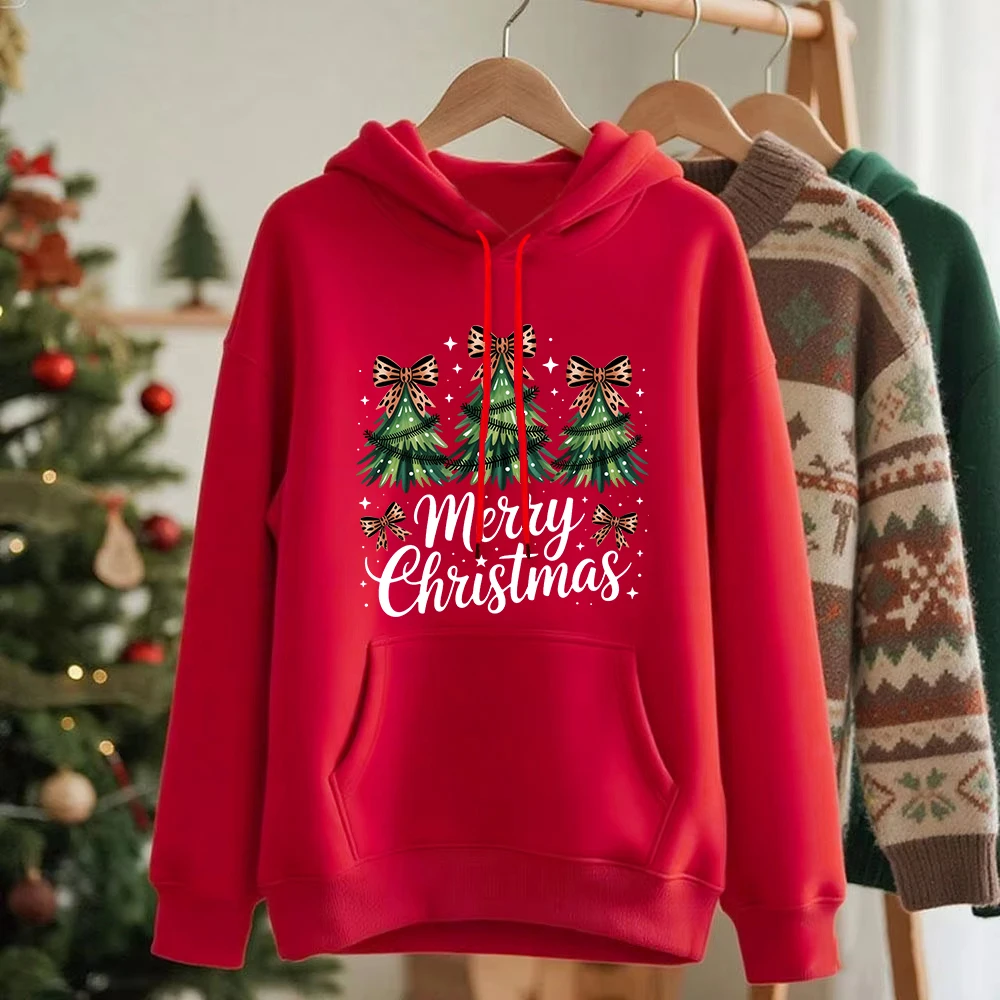 Merry Christmas Bow Trees Printed Hoodies Women Comfortable Loose Sweatshirt Fleece Warm Soft Pullover Casual Pocket Clothes