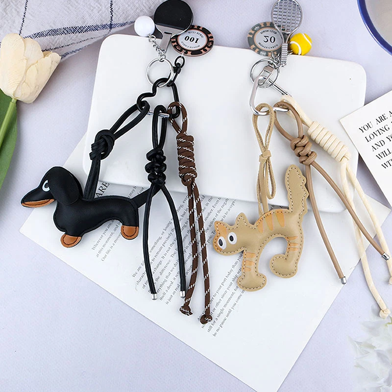 Vintage Cute Autumn Winter Leather Sausage Dog Cat Keychain Bags Pendant For Men Women Fashion Versatile Mobile Phone Chain Gift