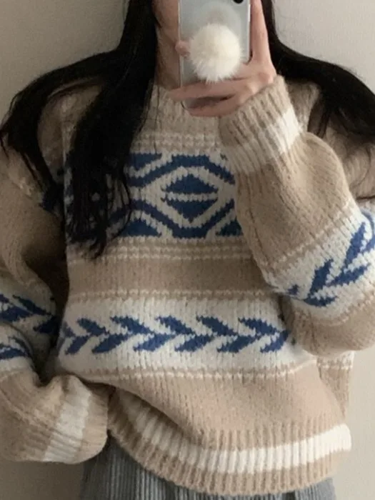 

Korean Sle Sweet Overhead Sweater Women's Retro Pattern round Ne Loose Warm oulder Long Sve Knitted irt Ele Top