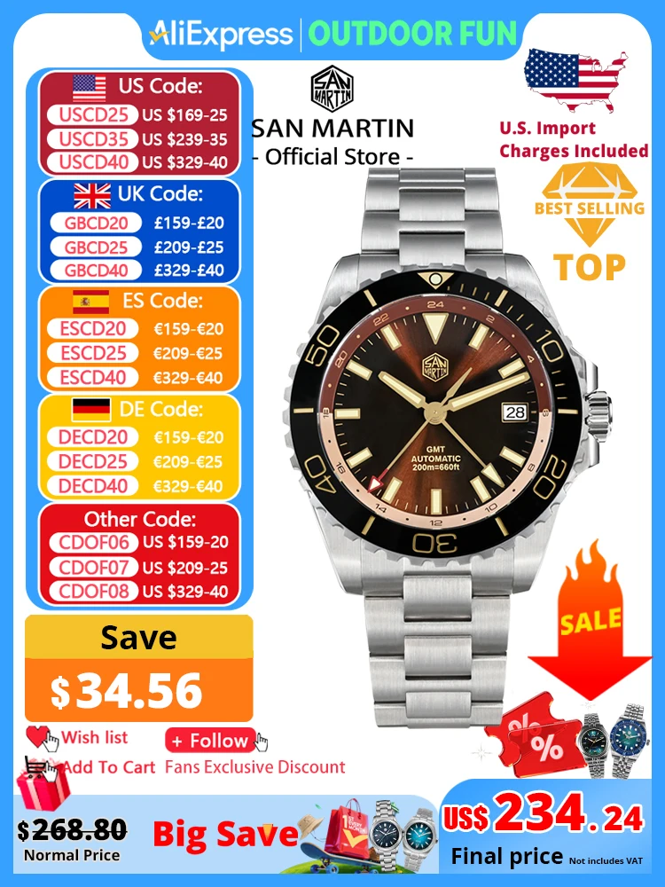 

San Martin New 39mm Luxury Diver Men's GMT NH34 Sunburst Enamel Dial Stainless Steel Automatic Sapphire C3 Green Luminous SN0136